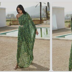 NWT Basanti green georgette kaftan dress, draped, sari style, resortwear